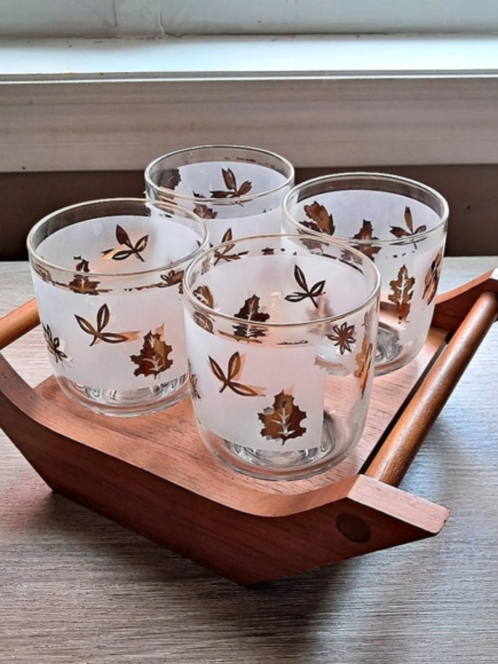 Libbey Golden Foliage Mid-Century Floral Glasses & Wooden Tray